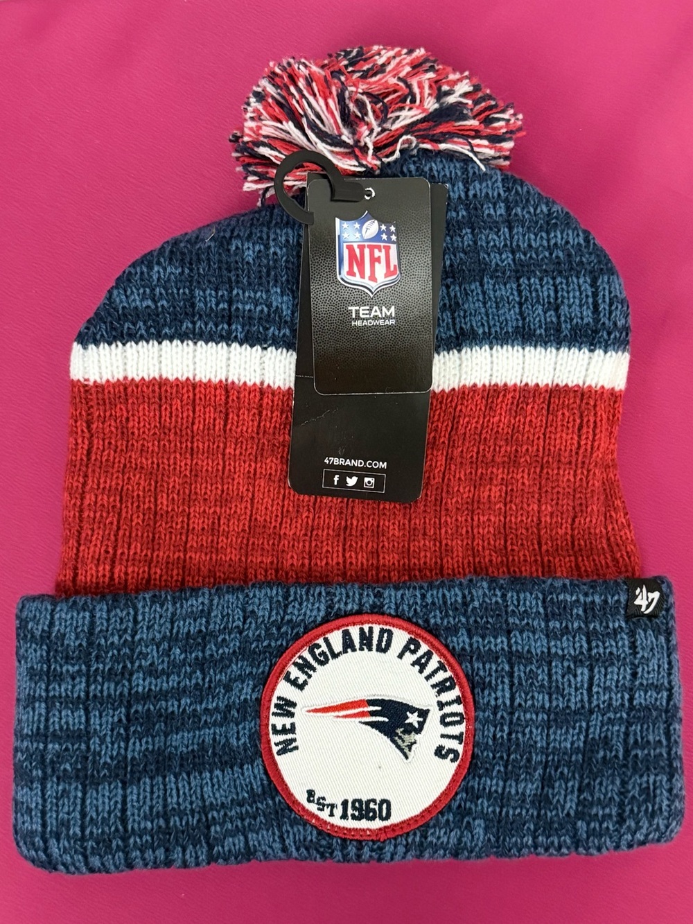 47 Brand New England Patriots Warm Adult OSFM Pom Beanie - Navy/Red/White NWT